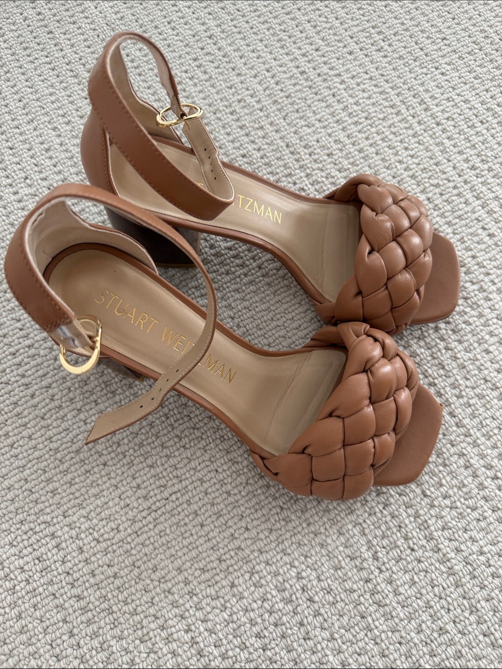 Stuart Weitzman Cognac Braided Leather Block Heel Sandals